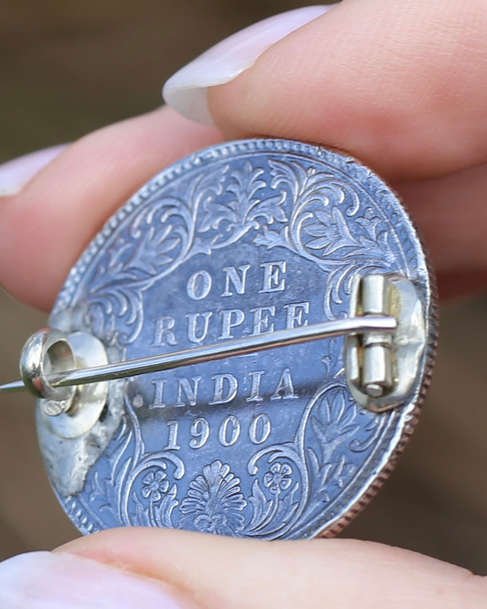 Antique Love Token Oscella Brooch 1900 British India One Rupee, 10.9g