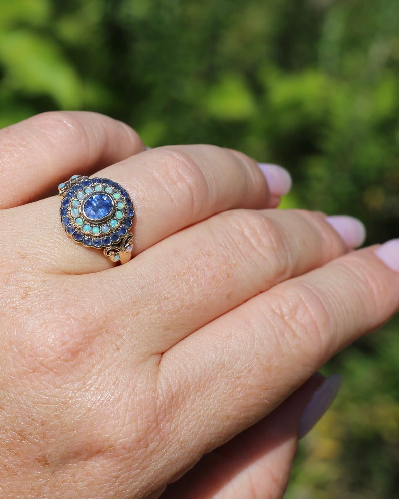 Natural Sapphire and Opal Cluster Ring, 9ct Yellow Gold, size P or 7.5, 4.04g