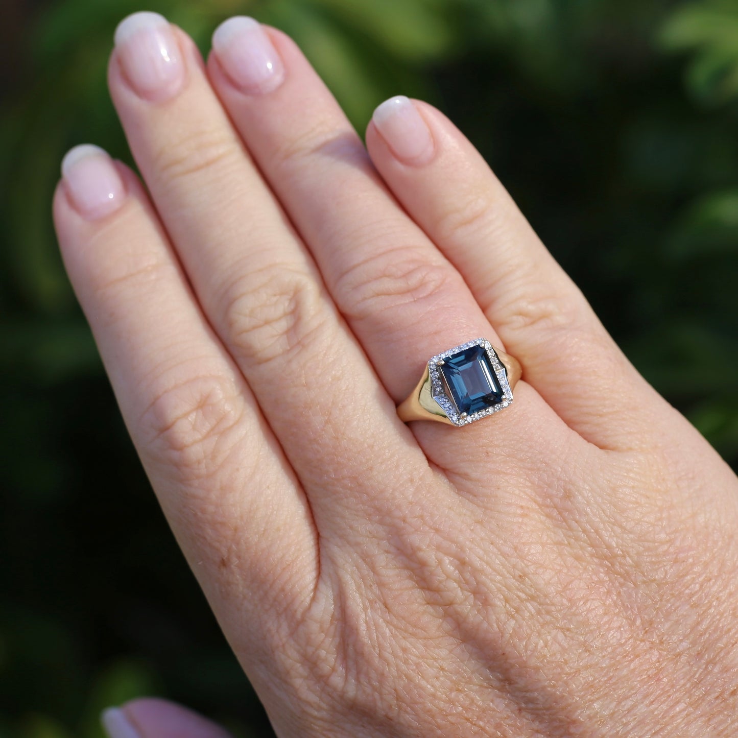 Emerald Cut London Blue Topaz Signet Ring With Diamond Halo, size N or 6.75