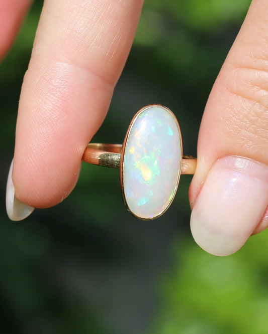 Crystal Opal Cabochon, Low Profile, in Bezel Set 9ct Yellow Gold, size T1/2 or 9.75