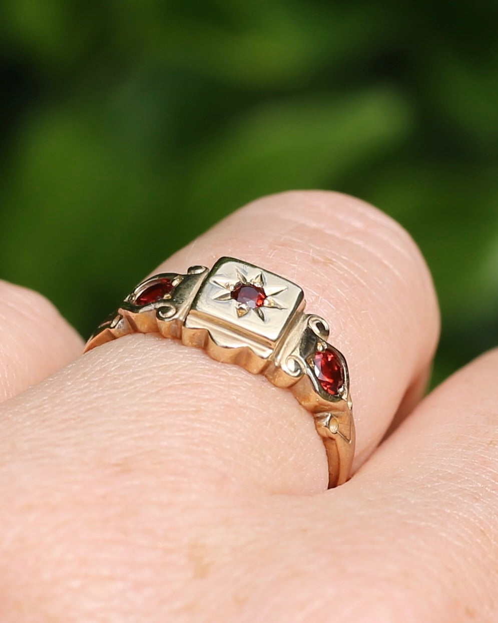 Victorian Revival Garnet Trilogy Star Set Ring, 9ct Yellow Gold, size O1/2 or just over 7.25
