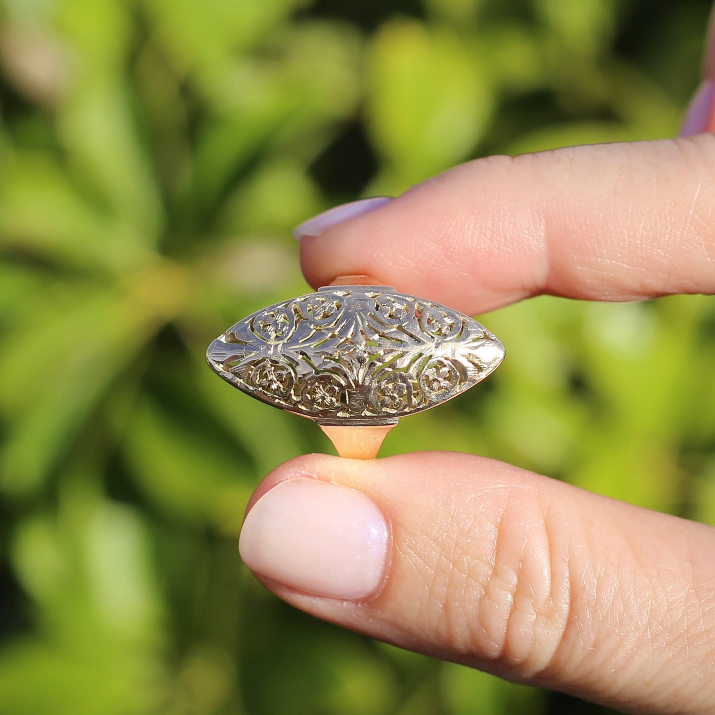 Hand Carved Navette Ring, 14ct Yellow Gold, size Q or 8.25g