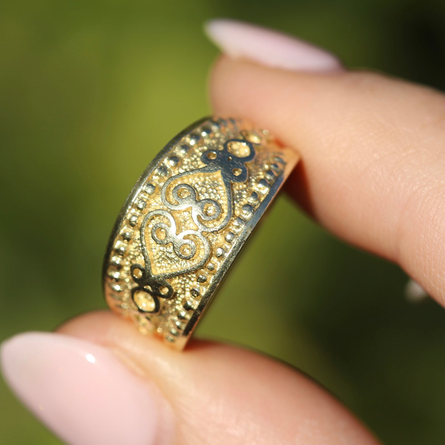 Chunky Embossed Decorative Wide Gold Ring, 14ct Yellow Gold, size N1/2 or 7