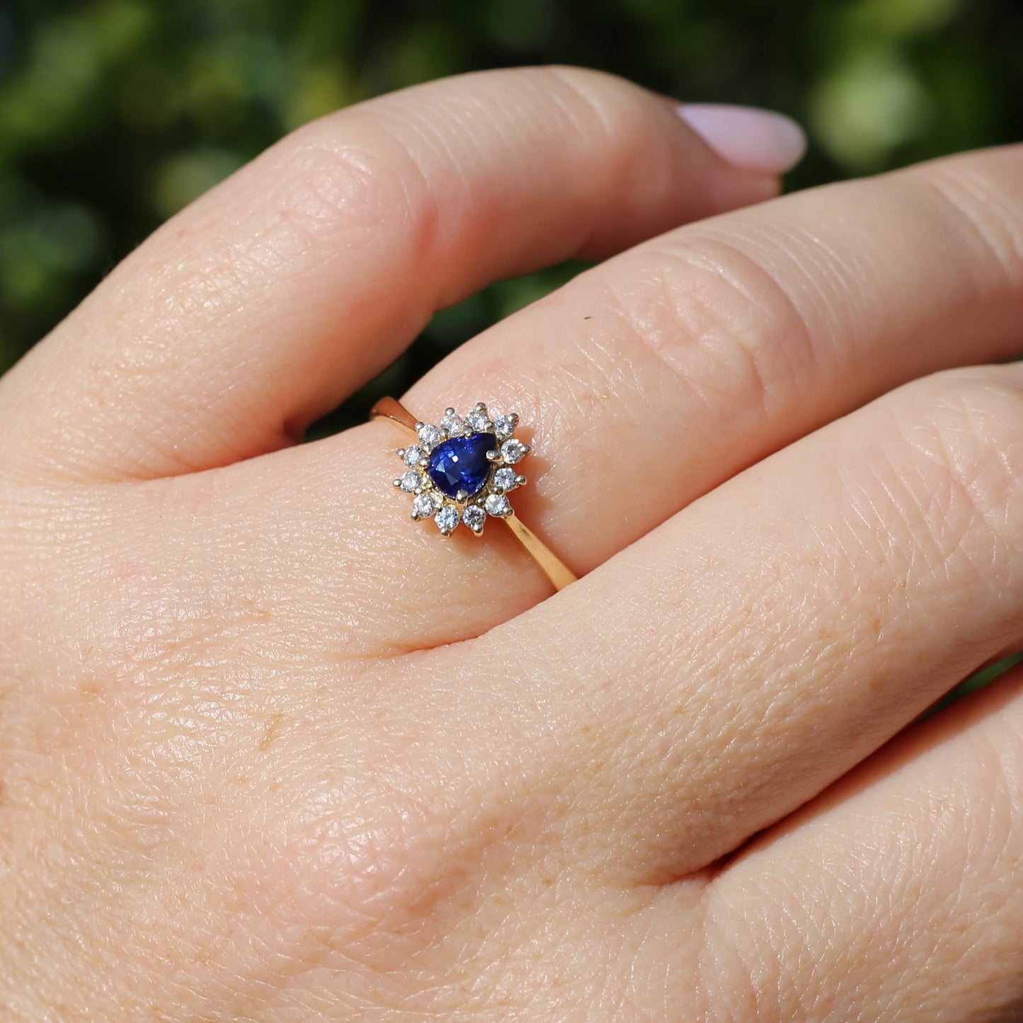 Pear Shaped Sapphire with Halo, 14ct and 18ct Yellow Gold, size 7 or just under O