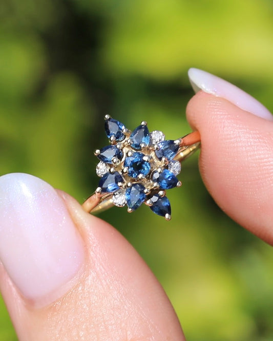 Vintage Blue Sapphire and Diamond Cluster Ring, 9ct Yellow Gold, size N or 6.75, 2.34g