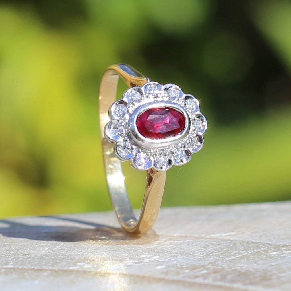 Ruby and Diamond Halo, 18ct Yellow and White Gold, size P or 7.75 with valuation