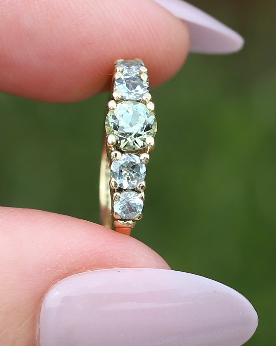 1.35ct Blue Green Natural Five Stone Sapphire Ring, 9ct Yellow Gold, size 6.5 or just over M1/2, 2.91g