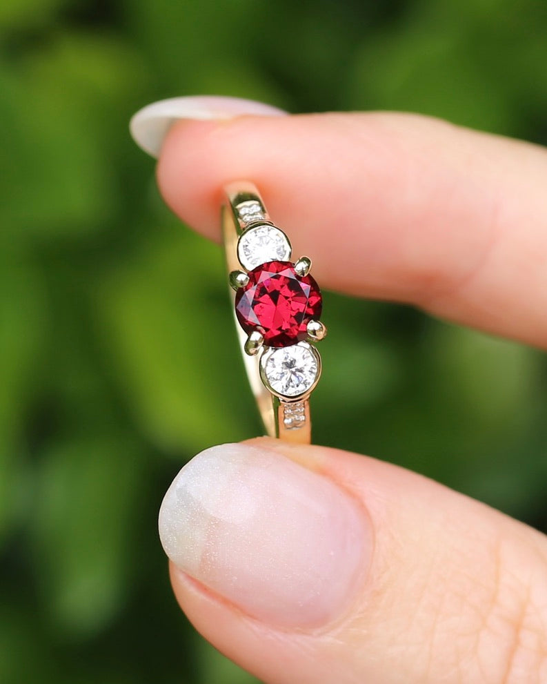 East African Rhodolite Garnet and Diamond Dais Trilogy, 9ct Yellow Gold, size S or 9.25