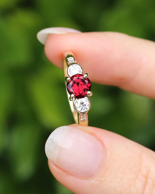 East African Rhodolite Garnet and Diamond Dais Trilogy, 9ct Yellow Gold, size S or 9.25