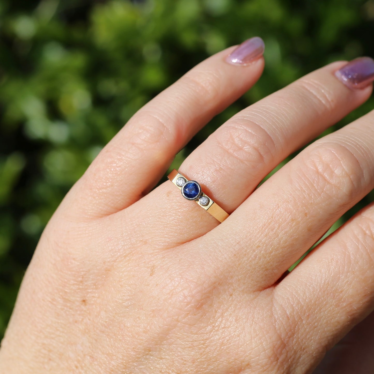 Bezel Set Sapphire and Diamond Trilogy Ring, 14ct Yellow and White Gold, size O1/2 or just over 7.25