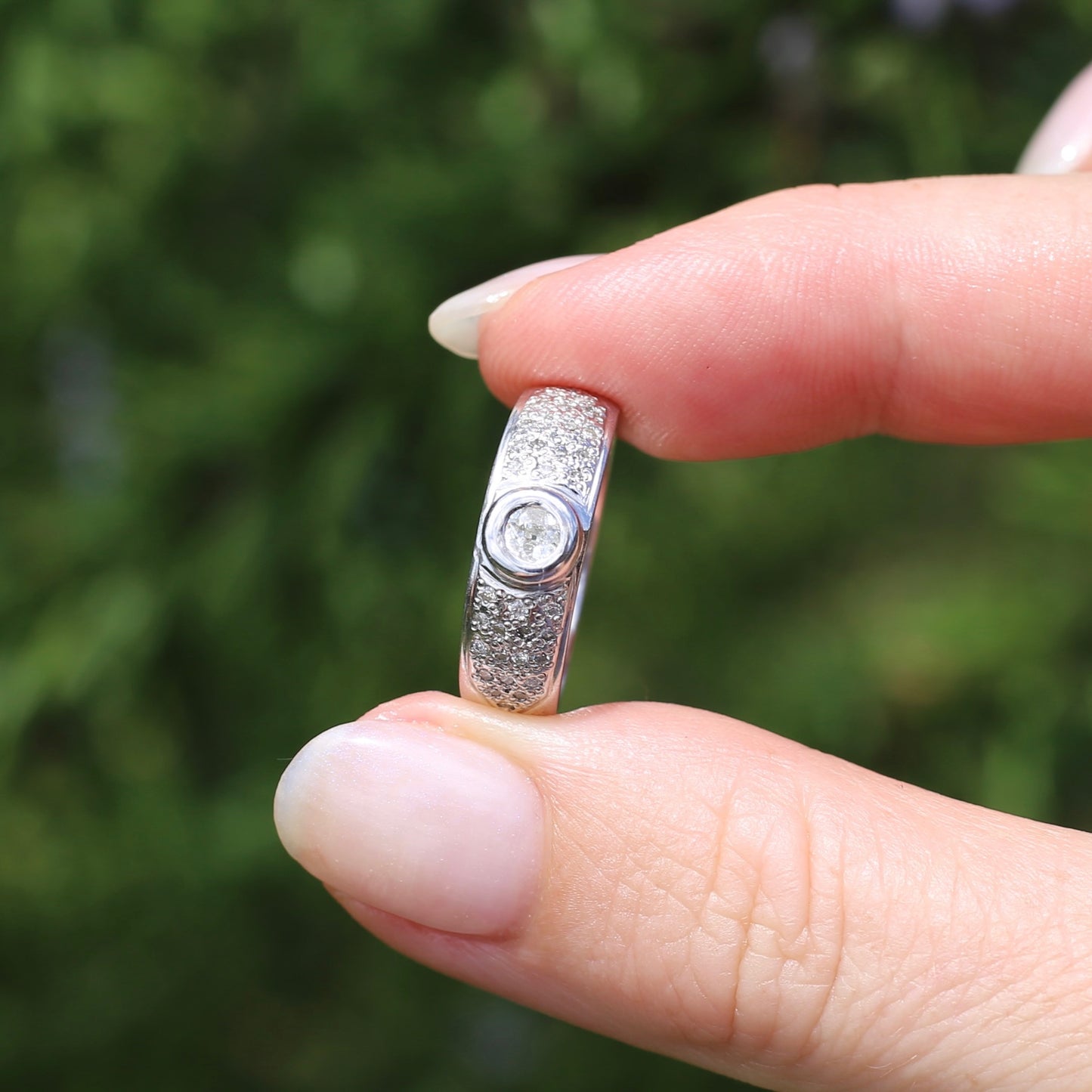 Bezel Set Old European Cut Diamond, in Pavé Setting of Diamonds, Chunky Platinum, size Q or 8 (fits more like an O1/2 - P), with valuation