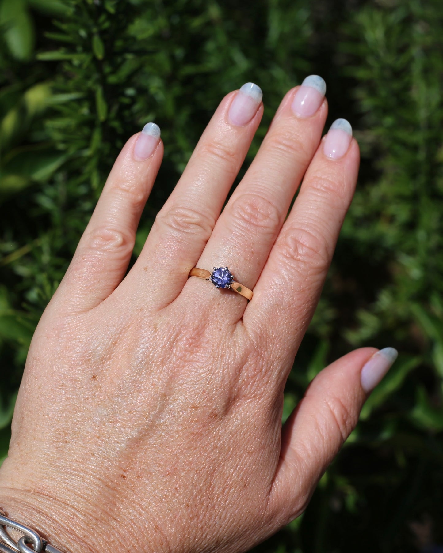 Hand Carved Australian Iolite Solitaire Ring, 9ct White and Yellow Gold, size S1/2 or 9.25, 3.03g