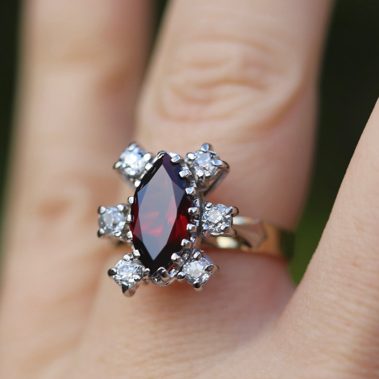 Viking feel Marquise Garnet With 6 Transitional Cut Diamonds, 18ct White and Yellow Gold, size N1/2 or 7