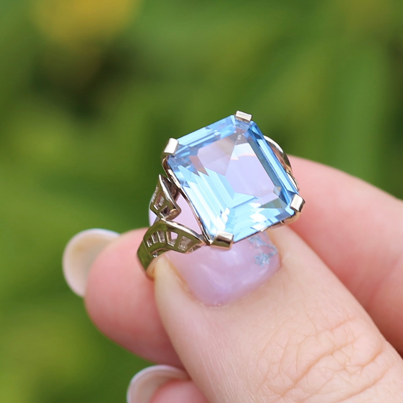 Mid Century Emerald Cut Blue Spinel Cocktail Ring, size N1/2 or 6.75