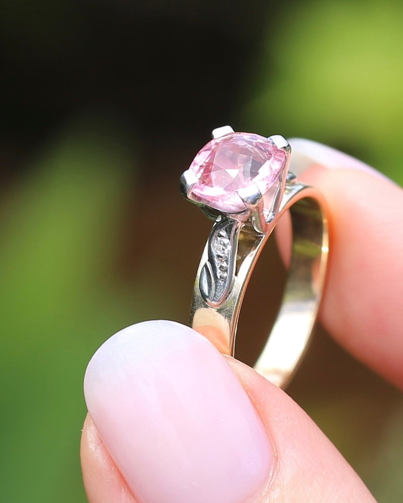 1.62ct Natural Pink Tourmaline in 1970s Mixed Metal Setting with Diamond Side Stones, size P or 7.5, 4.34g