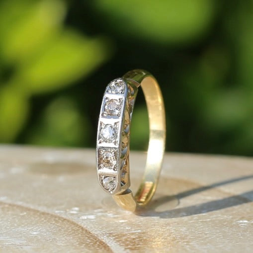 1930s Old Cut 5 Stone Diamond Ring, Platinum and 18ct Yellow Gold, size L or 5.75