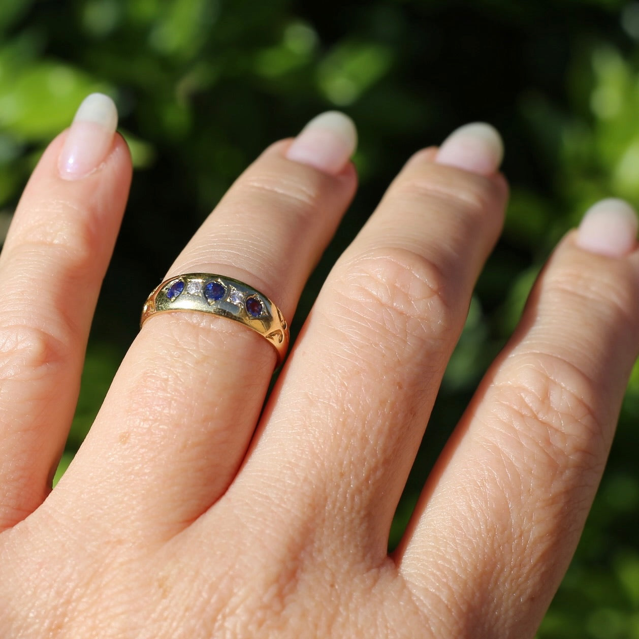 1897 Old Cut Sapphire and Diamond Five Stone Ring, 18ct Yellow Gold, size O or 7.25