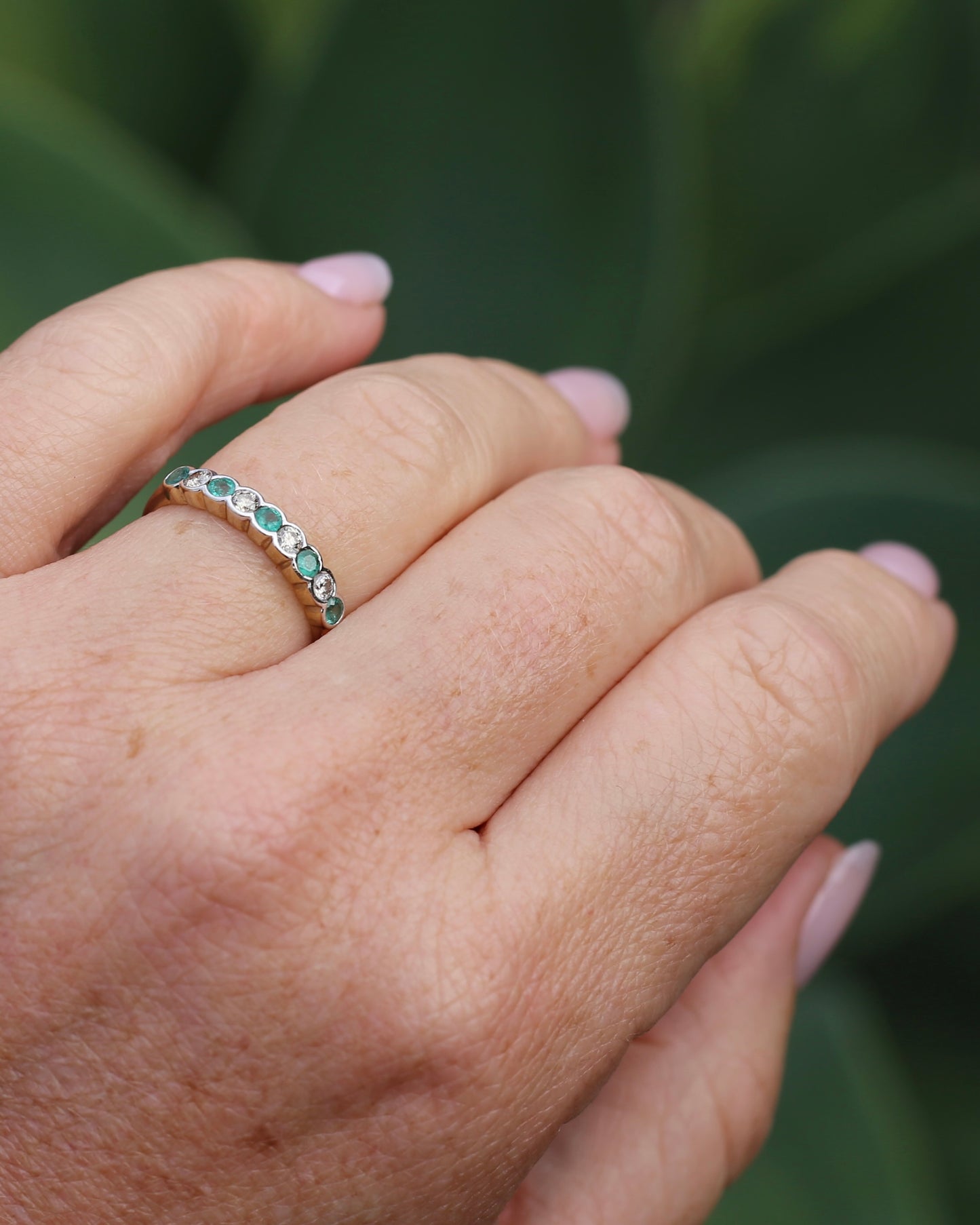 Natural Emerald and Diamond Half Hoop, 9ct Yellow and White Gold, size O or 7.25, 1.76g