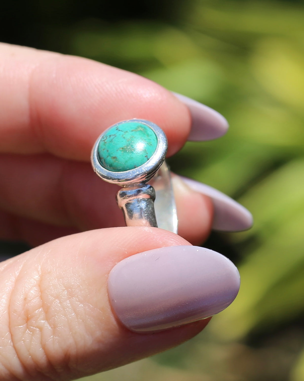 Natural Turquoise Cabochon Bezel Set Ring, Sterling Silver, size Q or just over 8, 7.3g