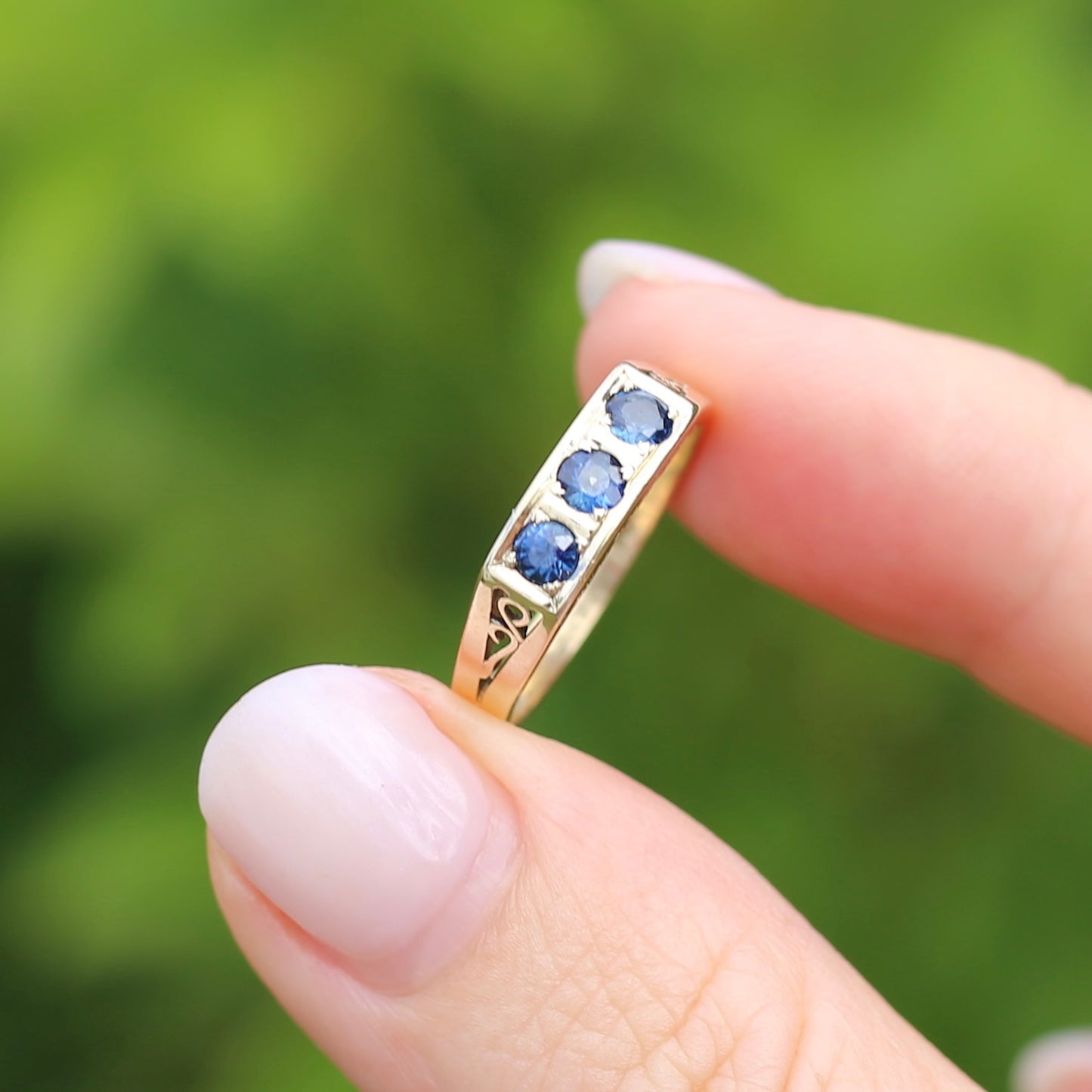 Natural Sapphire Trilogy, Swirl Shouders and Under gallery, 14ct Yellow Gold, size P or 7.5