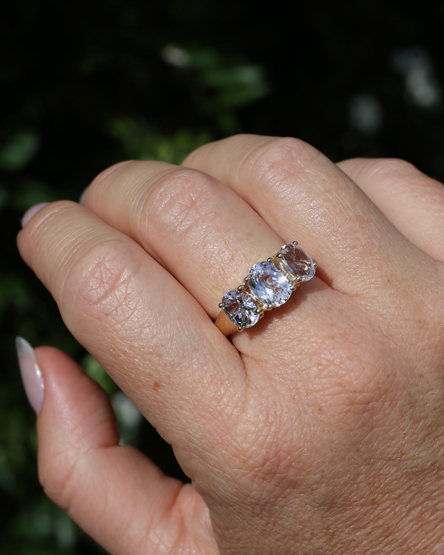 Oval Trilogy Rock Crystal Ring, 9ct Yellow Gold, size Q1/2 or 8.5, 5.59g