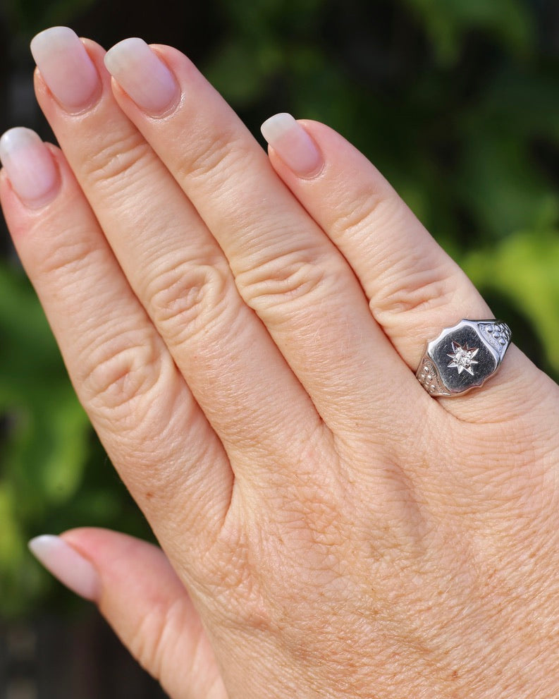 Vintage Shield Signet With Old Cut Diamond, 18ct White Gold, size N or just over 6.5 (fits more like an L1/2-M due to width), 6.86g