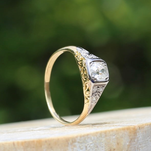 Antique Circa 1915 Old European Cut Solitaire, 18ct White and Yellow Gold, size M1/2 or 6.5