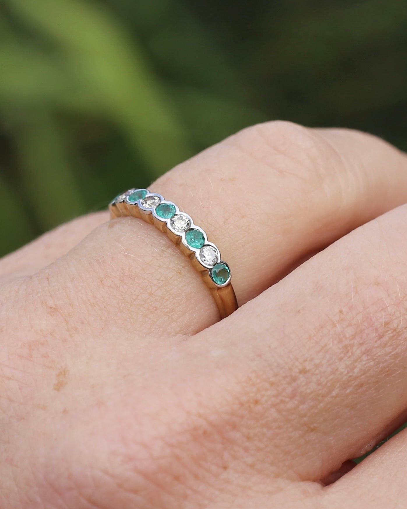 Natural Emerald and Diamond Half Hoop, 9ct Yellow and White Gold, size O or 7.25, 1.76g