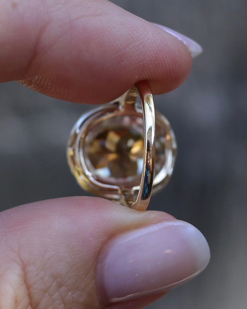 6.9ct Oval Natural Zircon in Raised Filigree Setting, 10ct Yellow Gold, size M1/2 or 6.5, 4.83g