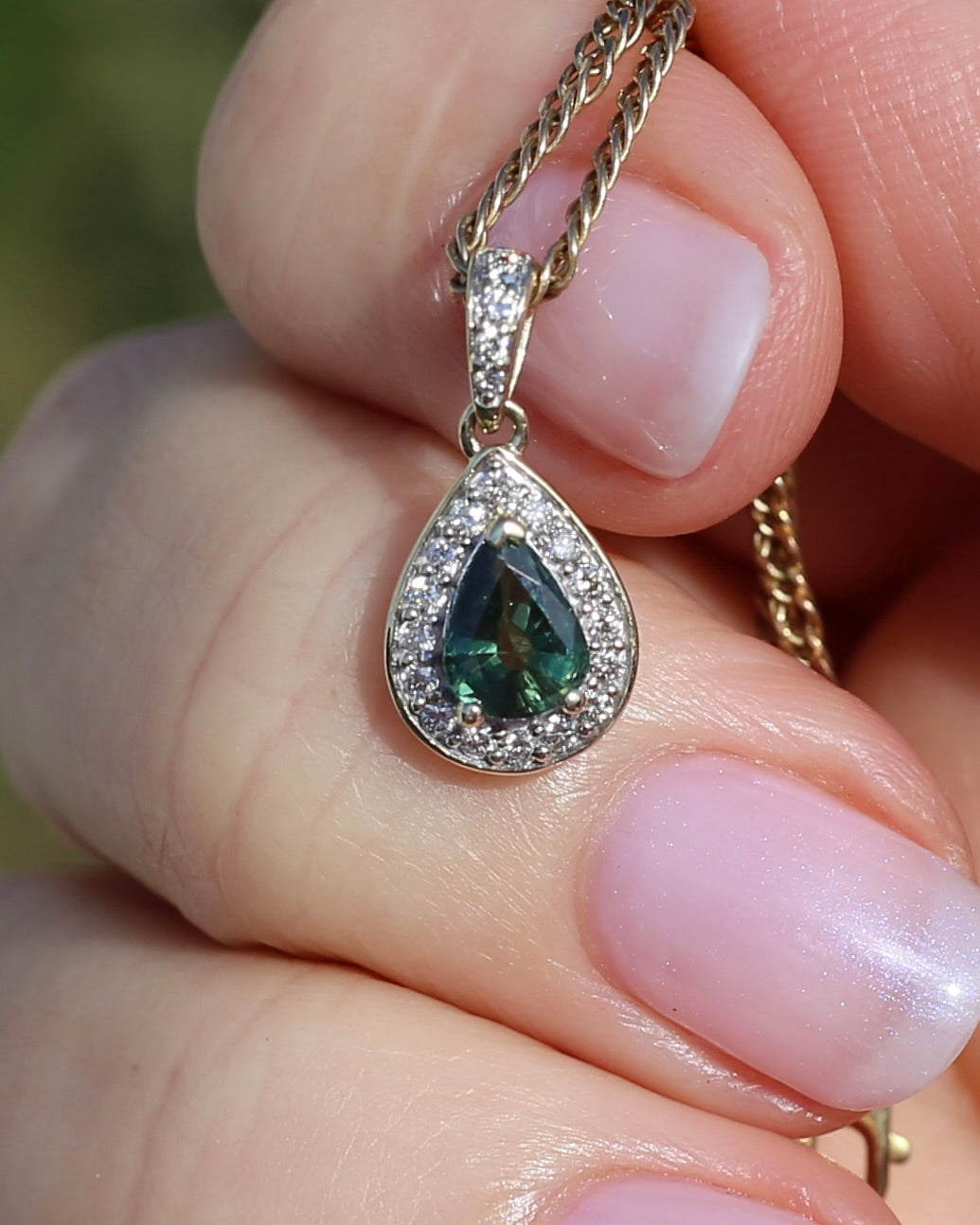 0.75ct Natural Green Parti and Natural Diamond Halo Pendant, 9ct Yellow Gold, 0.86g