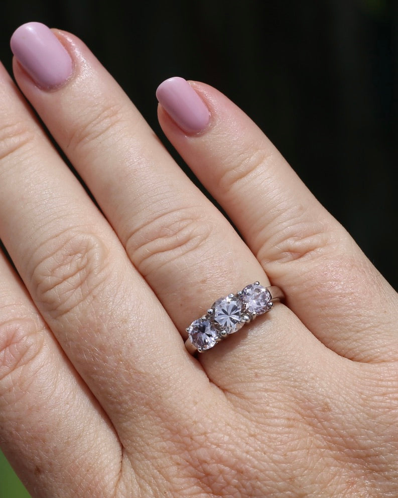3.7ct Pale Pink Australian Zircon Trilogy Ring, 10ct and 18ct White Gold, size O or just over 7, 3.72g