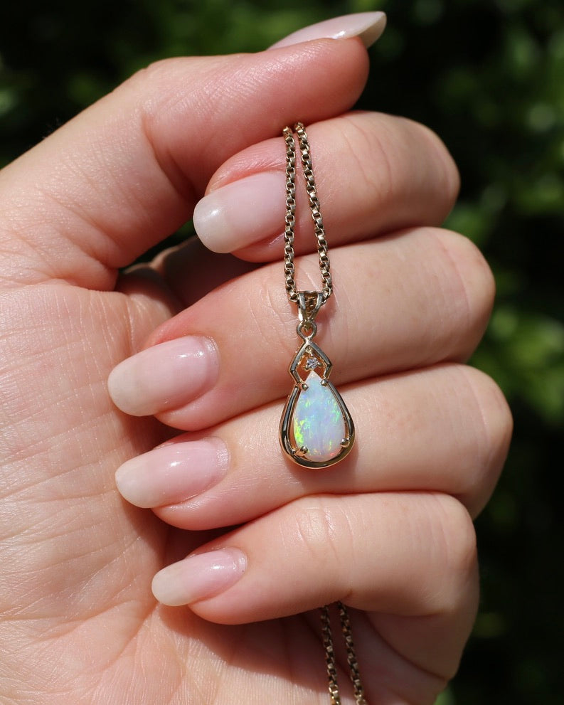 Pear Crystal Opal and Diamond Pendant, 10ct Yellow Gold, 1.5g