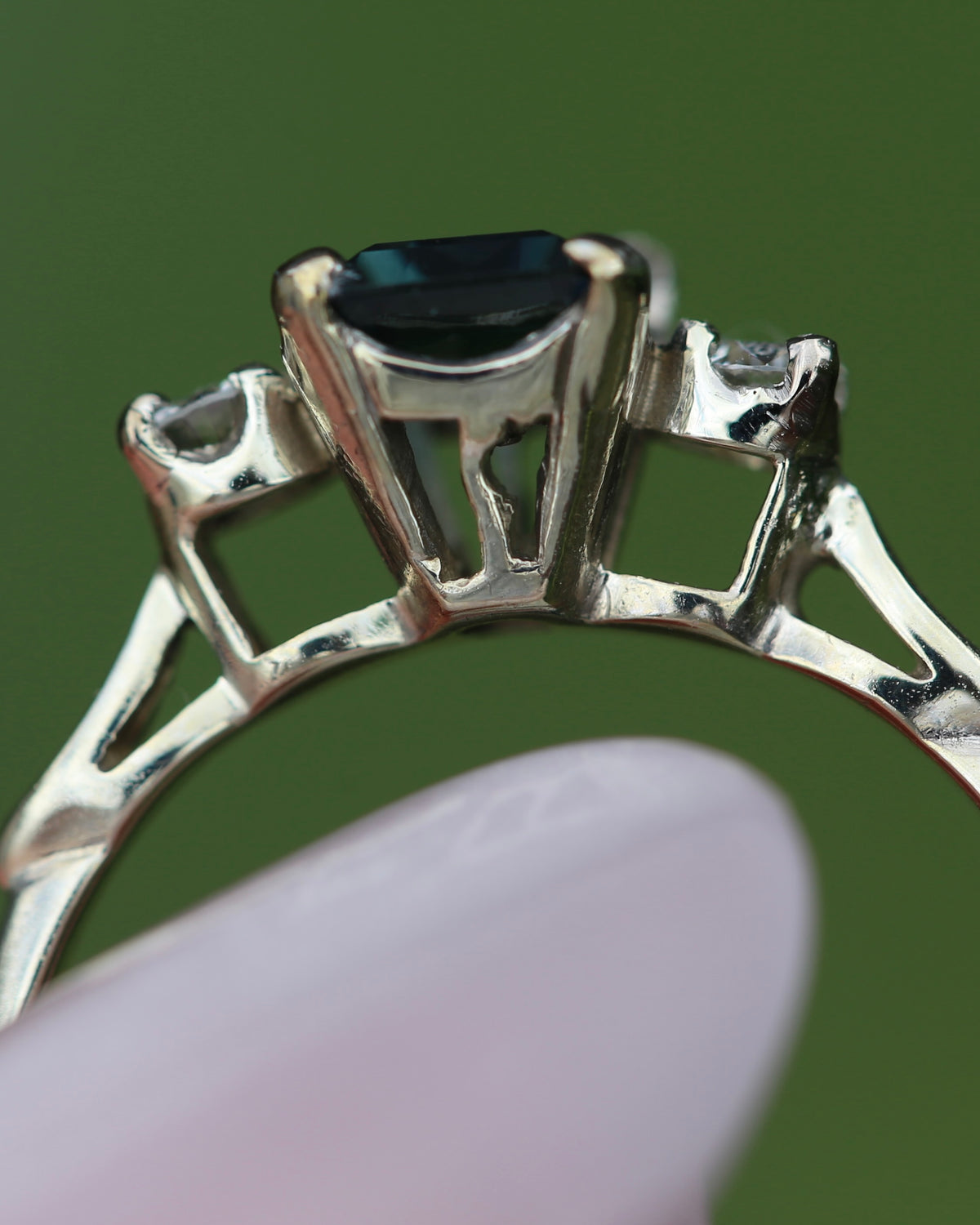 1.1ct Emerald Cut Natural Blue Teal Sapphire and Diamond Trilogy, 18ct White Gold and Platinum, size O or just over 7, 2.27g
