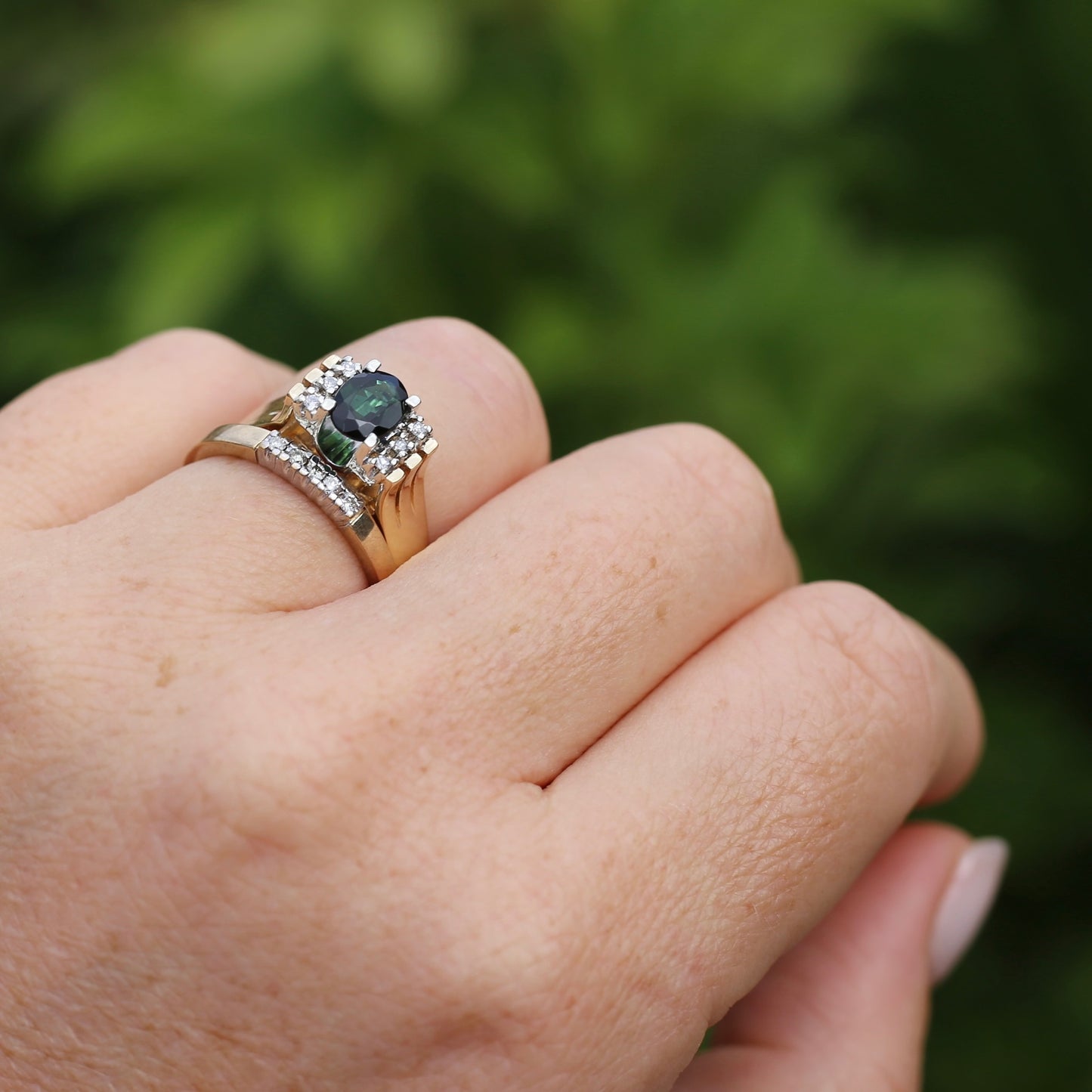 0.95ct Green Tourmaline and Diamond High Set Ring, 9ct White and Yellow Gold, size O or just over 7