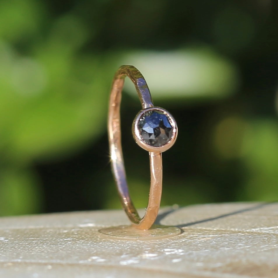 Rose Cut Black Diamond/ Moissanite Ring, 14ct Rose Gold, size 6 or L1/2