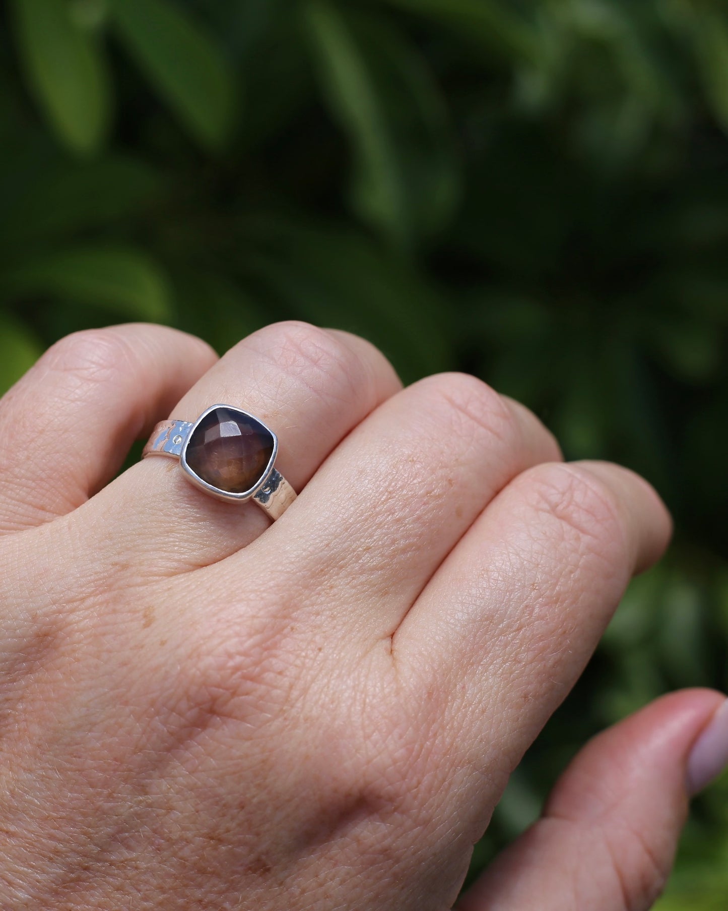 Harlequin Cut Smoky Quartz in Bezel Frame, Sterling Silver, 4.7g, size P1/2 or 8 - fits more like an O-O1/2
