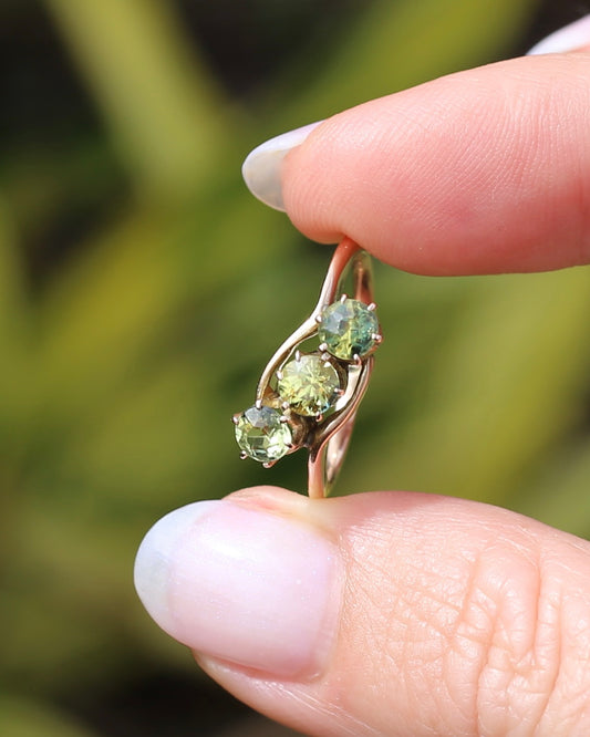 Old Cut Parti Sapphire Trilogy in a Multi Claw Set Bypass Style Ring, 15ct Old Rosey Gold, size M1/2 or 6.5, 2.99g