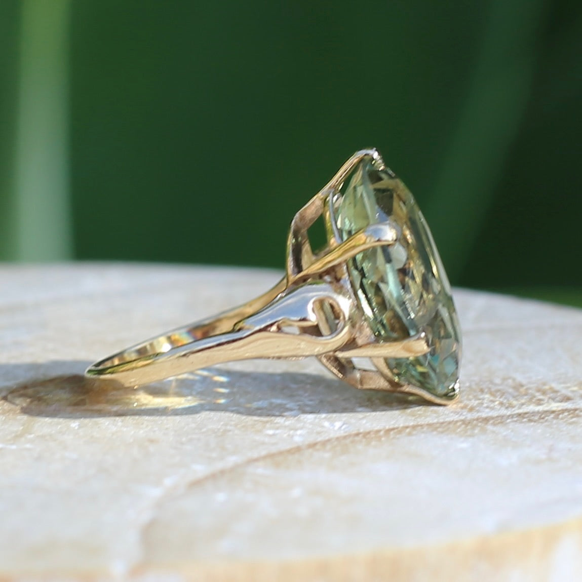 10.22ct Oval Prasiolite Cocktail Ring in Chunky 6 Claw Setting, 9ct Yellow Gold, size L or 5.75