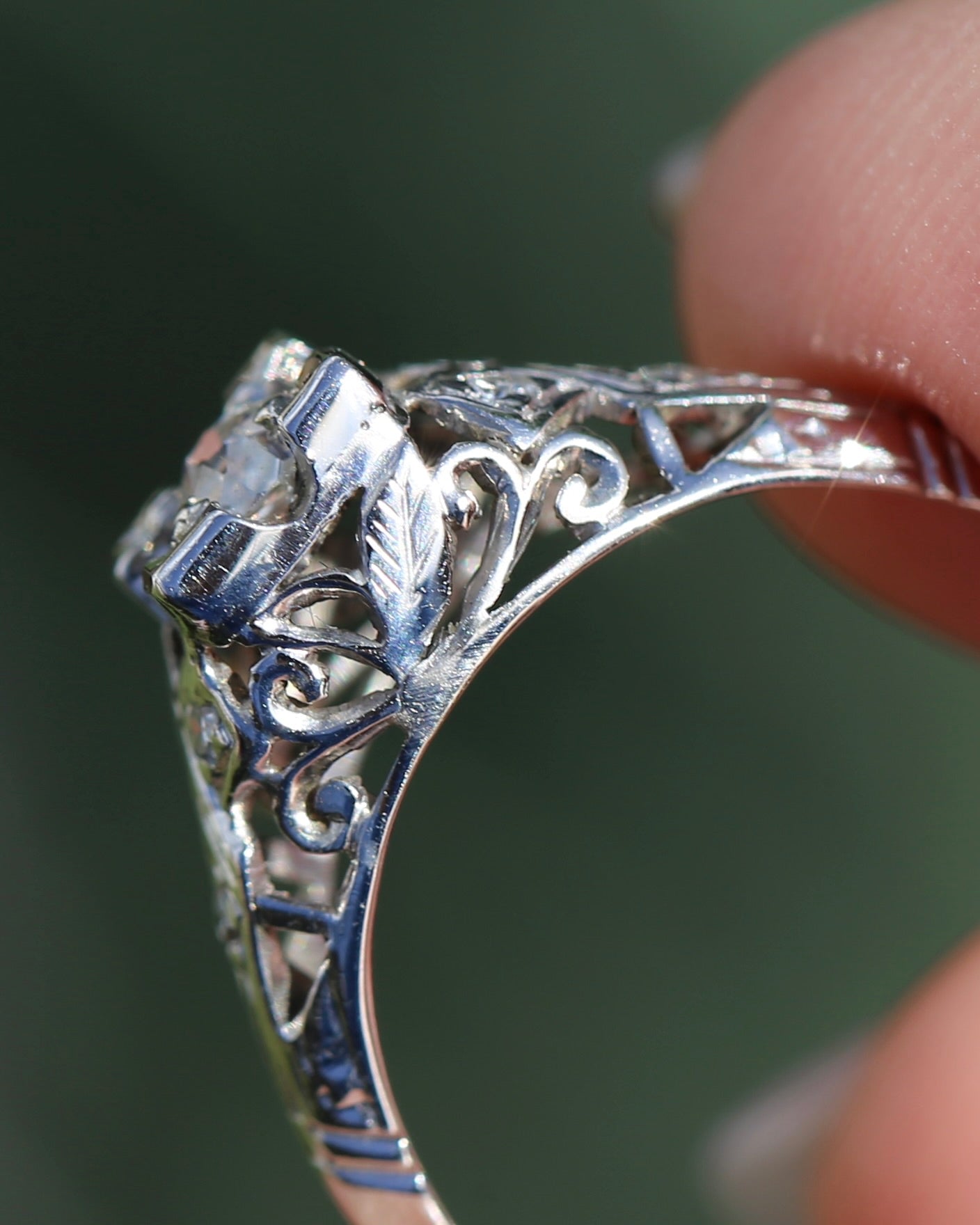 0.188ct Old Cut Diamond Solitaire, 18ct White Gold Filigree, size L or 5.75, 2.0g