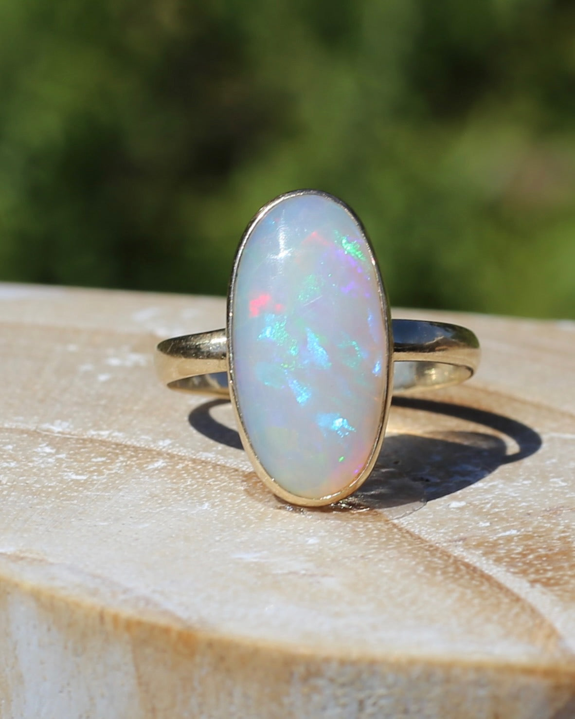 Crystal Opal Cabochon, Low Profile, in Bezel Set 9ct Yellow Gold, size T1/2 or 9.75