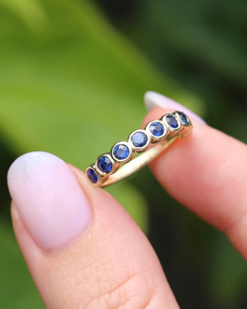 Second Glance - 9 Stone Bezel Set Blue Sapphire Bubble Half Eternity Ring, 9ct Yellow Gold, size N or just over 6.5, 2.80g
