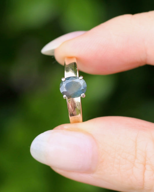 Oval Blue Grey Brown Included Natural Untreated Sapphire, 9ct White Gold Claws & Yellow Gold Band, size O1/2 or 7.5