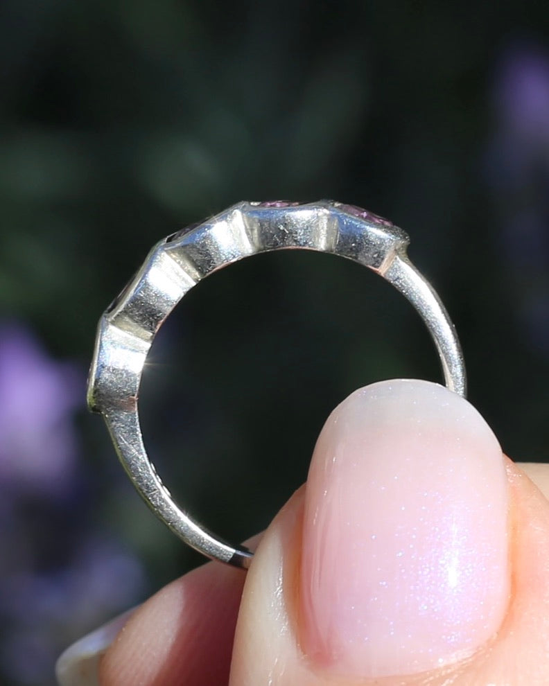 Five Stone Bezel Set Amethyst Silver Ring, Sterling Silver, size O or 7.25, 3.41g