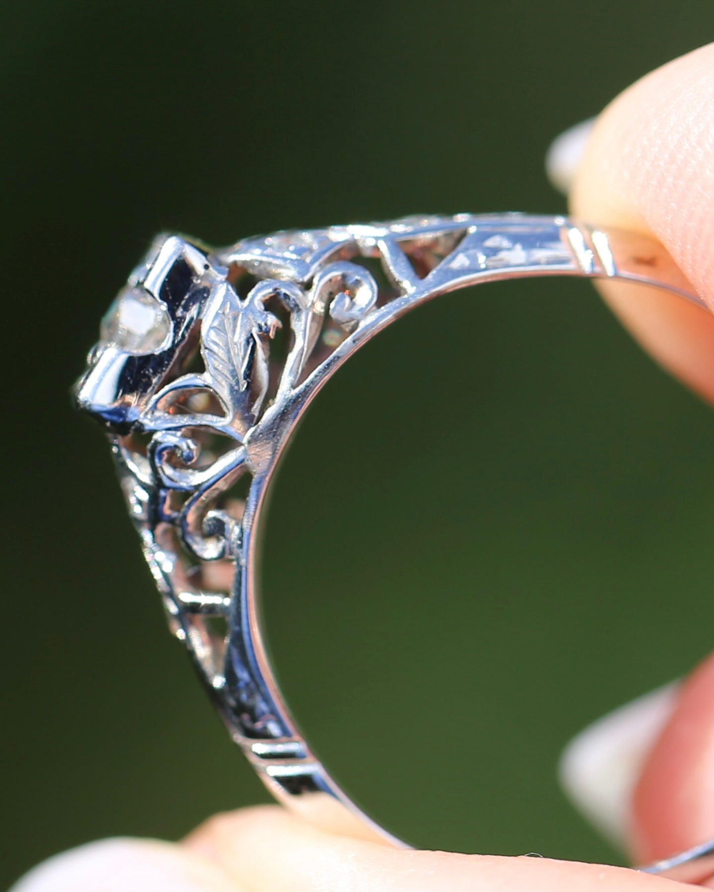 0.188ct Old Cut Diamond Solitaire, 18ct White Gold Filigree, size L or 5.75, 2.0g