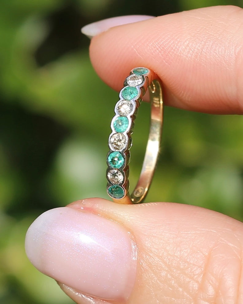 Natural Emerald and Diamond Half Hoop, 9ct Yellow and White Gold, size O or 7.25, 1.76g