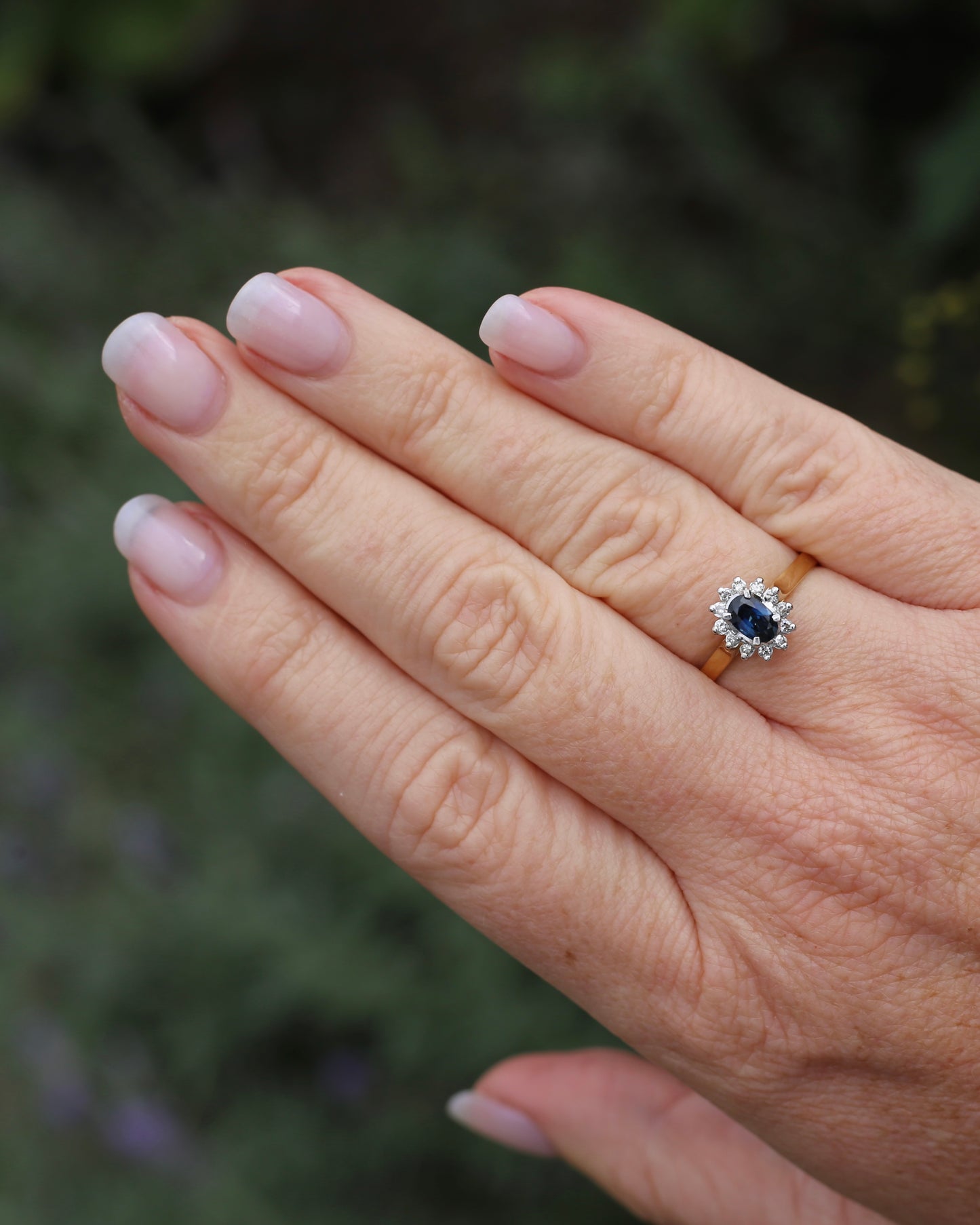 Natural Sapphire and Diamond Halo, 18ct White and Yellow Gold, size R or just over 8.5, 3,15g