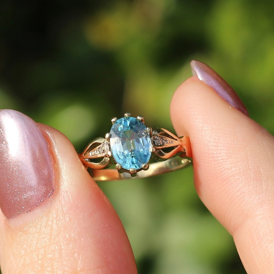 Oval Blue Zircon with Decorative Diamond Shoulders, size N or 6.75