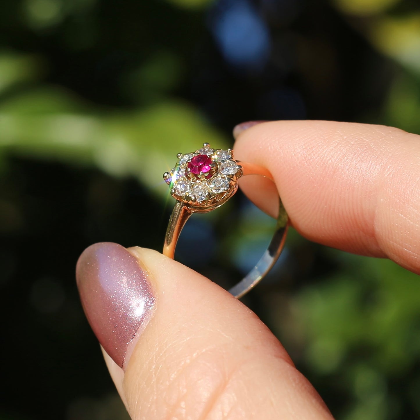 Antique Ruby and Old Cut Diamond Cluster, 15ct Yellow Gold, size O or 7.25 with valuation