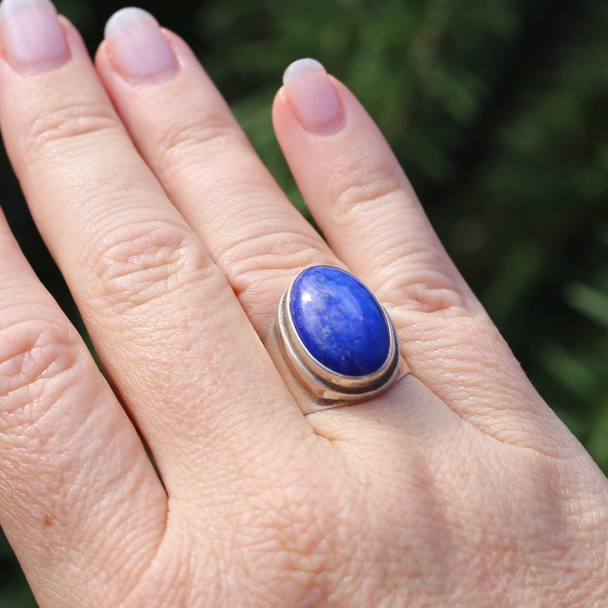 Large Lapis Cabochon in Silver Bezel Setting, size P1/2 or just under 8