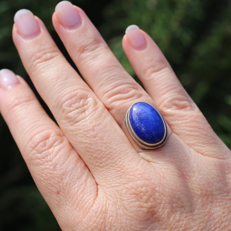 Large Lapis Cabochon in Silver Bezel Setting, size P1/2 or just under 8